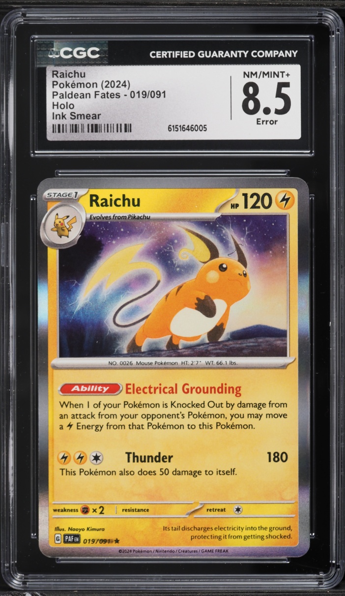 2024 Pokemon Scarlet & Violet Paldean Fates Holo Error Raichu #19 CGC 8.5 NM-MT+