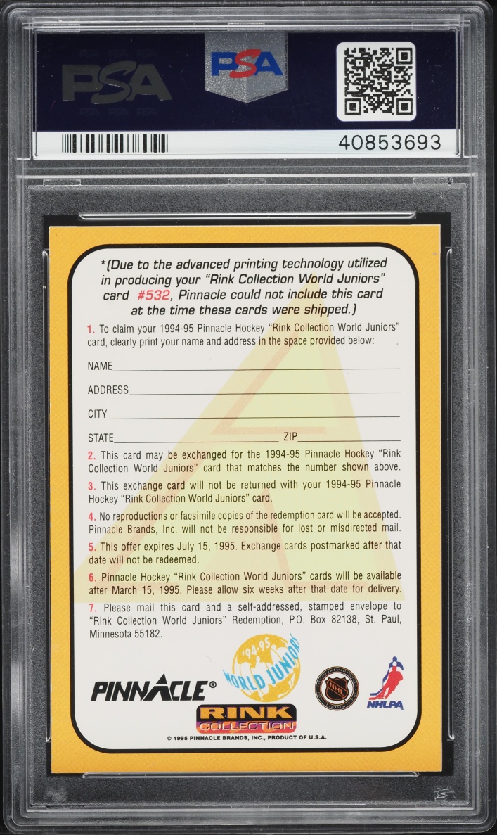1994 Pinnacle Rink Redemption Expired Jeff Friesen ROOKIE #532 PSA 10 GEM MINT