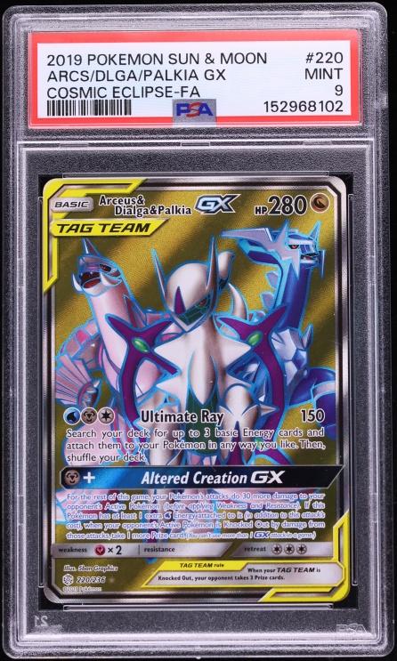 2019 Pokemon Sun & Moon Cosmic Eclipse Full Art Arceus Dialga Palkia GX #220 PSA 9 MINT