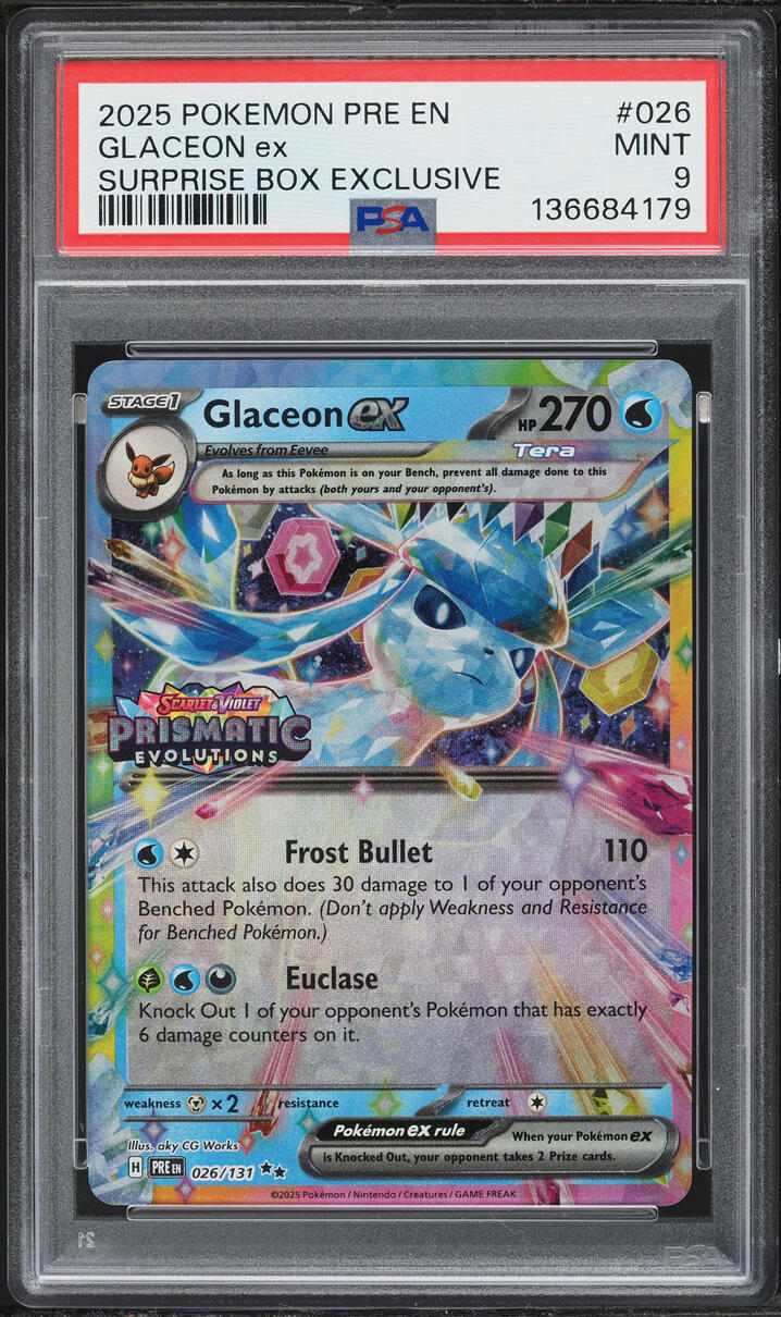 2025 Pokemon Scarlet & Violet Prismatic Evolutions Surprise Box Holo Glaceon ex #26 PSA 9 MINT