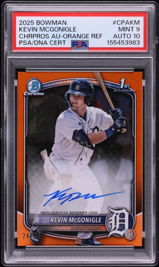 2025 Bowman Chrome Orange Refractor Kevin McGonigle PROSPECT AUTO DNA 10 /25 #CPA-KM PSA 9 MINT