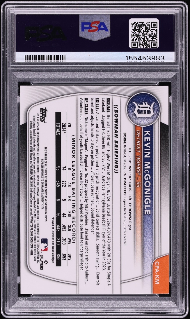 2025 Bowman Chrome Orange Refractor Kevin McGonigle PROSPECT AUTO DNA 10 /25 #CPA-KM PSA 9 MINT