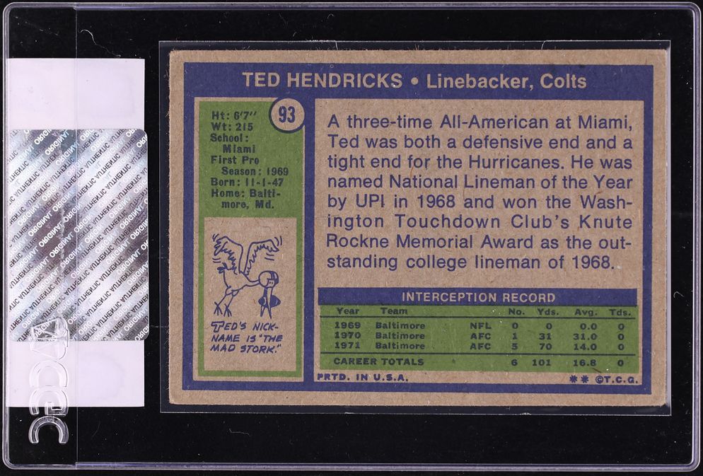 1972 Topps Football Ted Hendricks ROOKIE #93 CGC AUTH