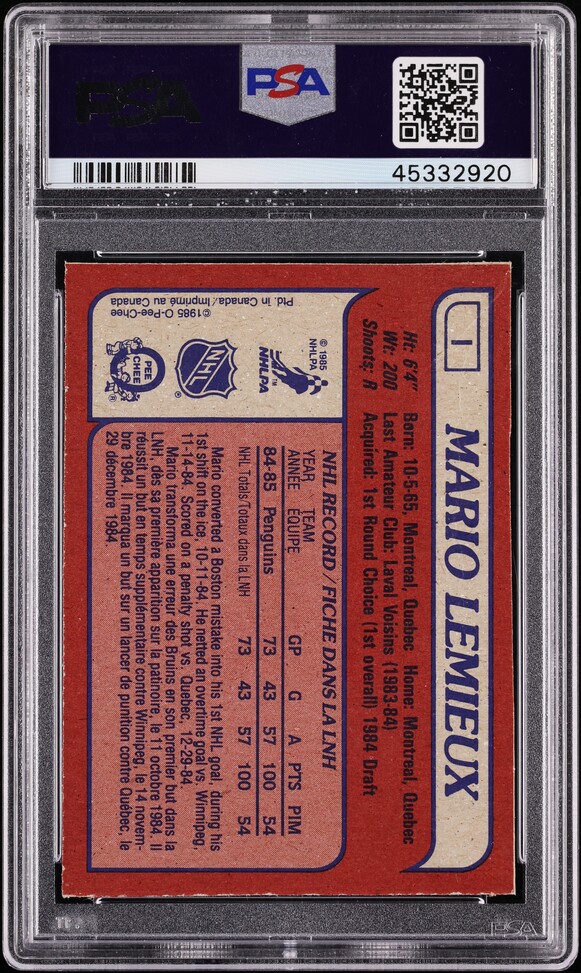 1985 O-Pee-Chee Hockey Box Bottoms Mario Lemieux ROOKIE #I PSA AUTH