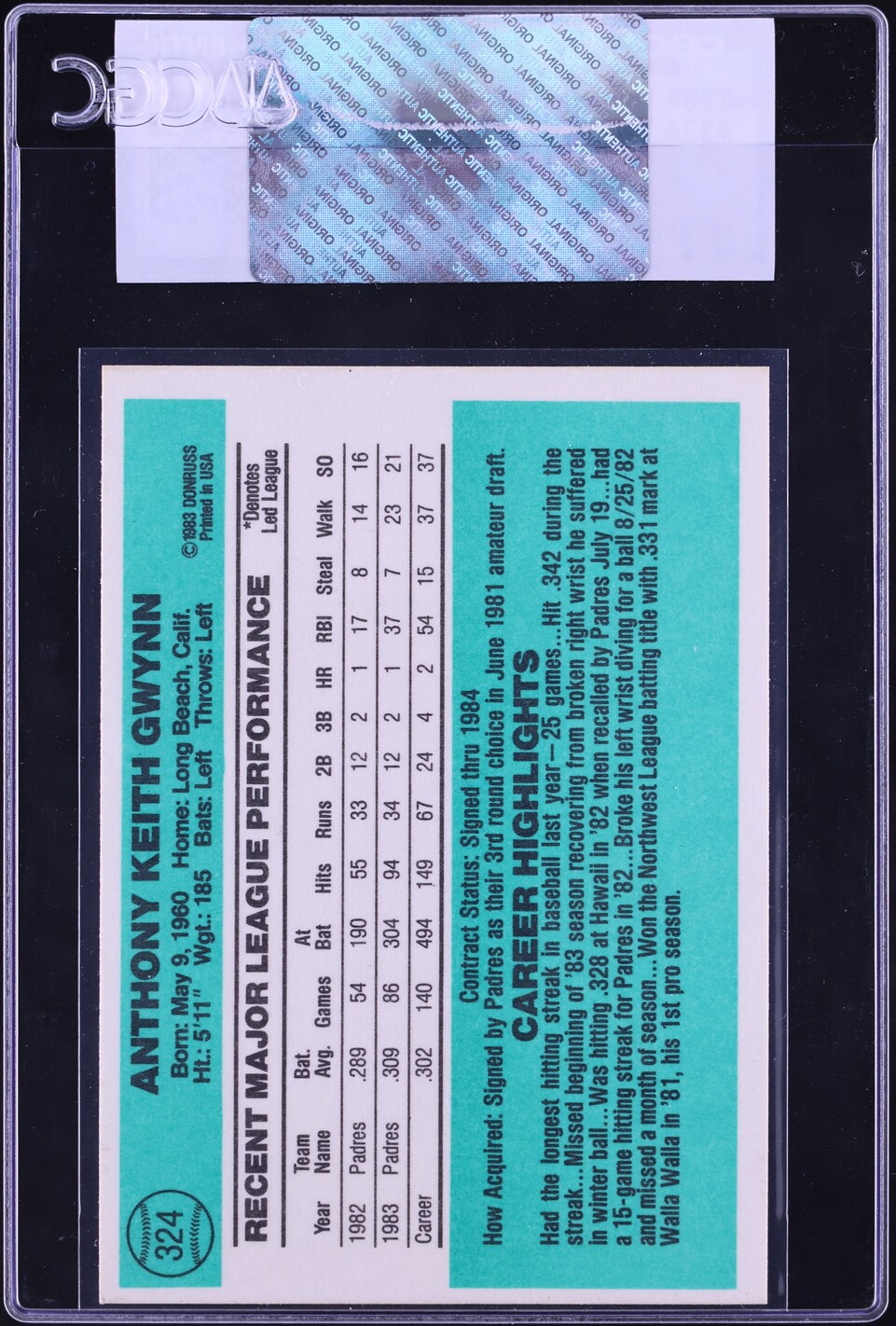 1984 Donruss Tony Gwynn #324 CGC AUTH