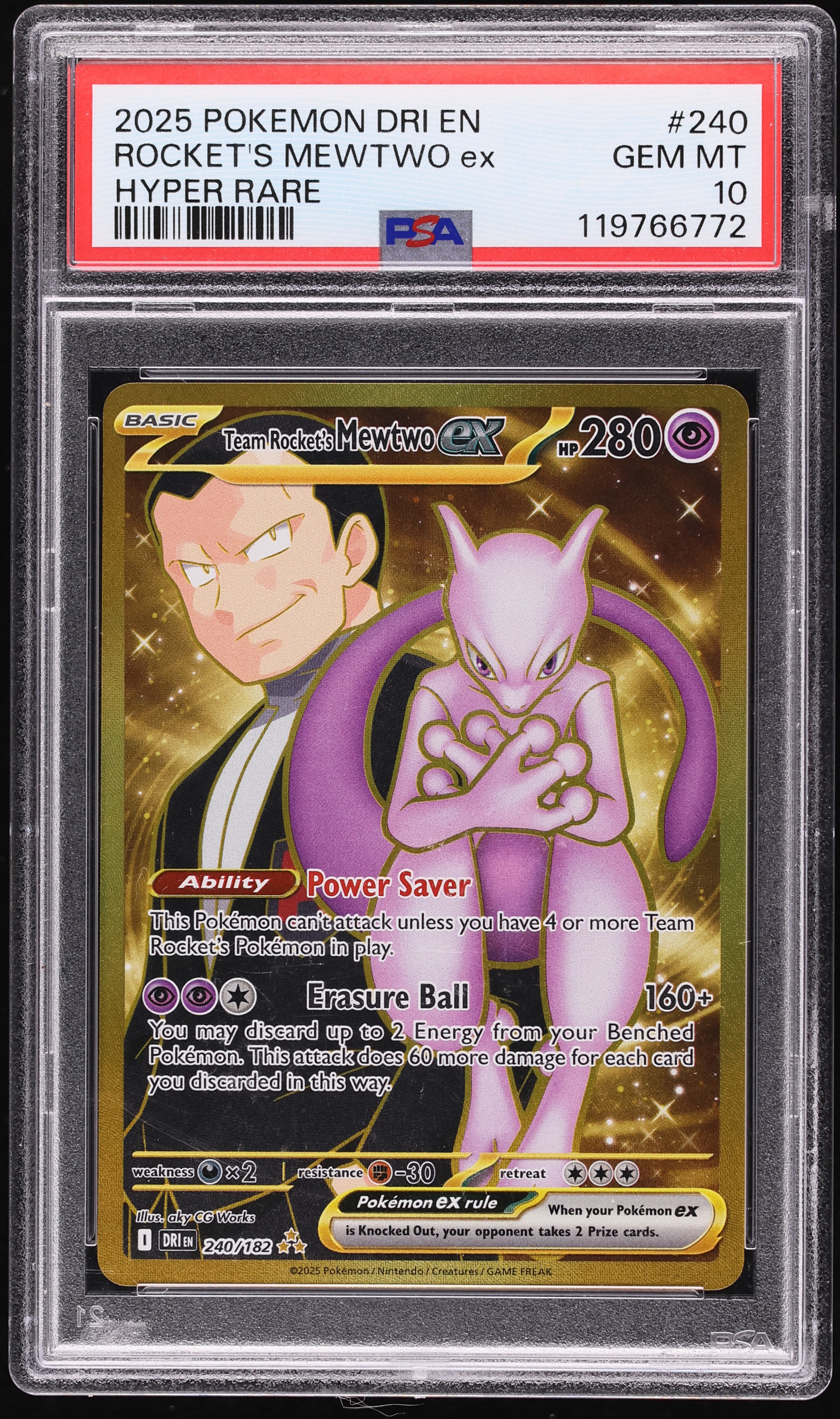 2025 Pokemon Scarlet & Violet Destined Rivals Gold Rare Team Rocket's Mewtwo ex #240 PSA 10 GEM