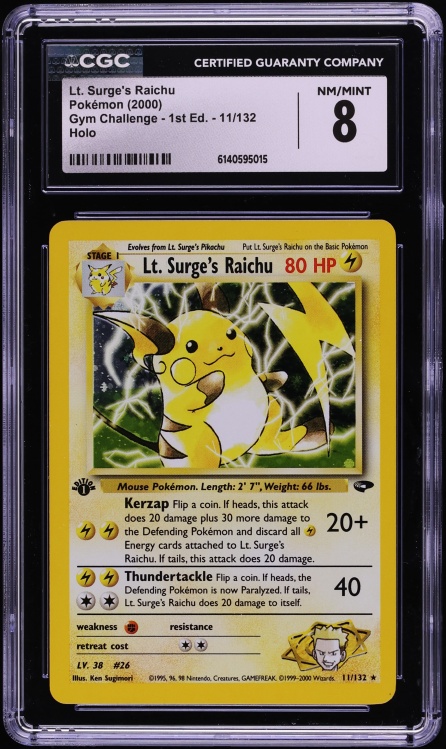 2000 Pokemon Gym Challenge 1st Edition Holo Lt. Surge's Raichu #11 CGC 8 NM-MT