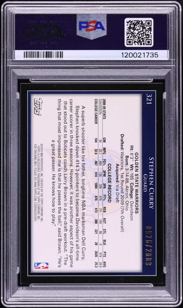 2009 Topps Gold Stephen Curry ROOKIE /2009 #321 PSA 7 NRMT