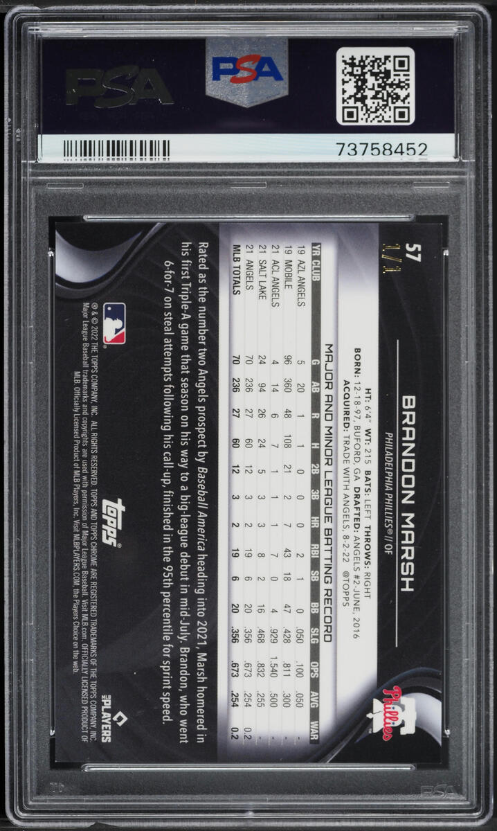 2022 Topps Chrome Black Superfractor Brandon Marsh ROOKIE 1/1 #57 PSA 9 MINT