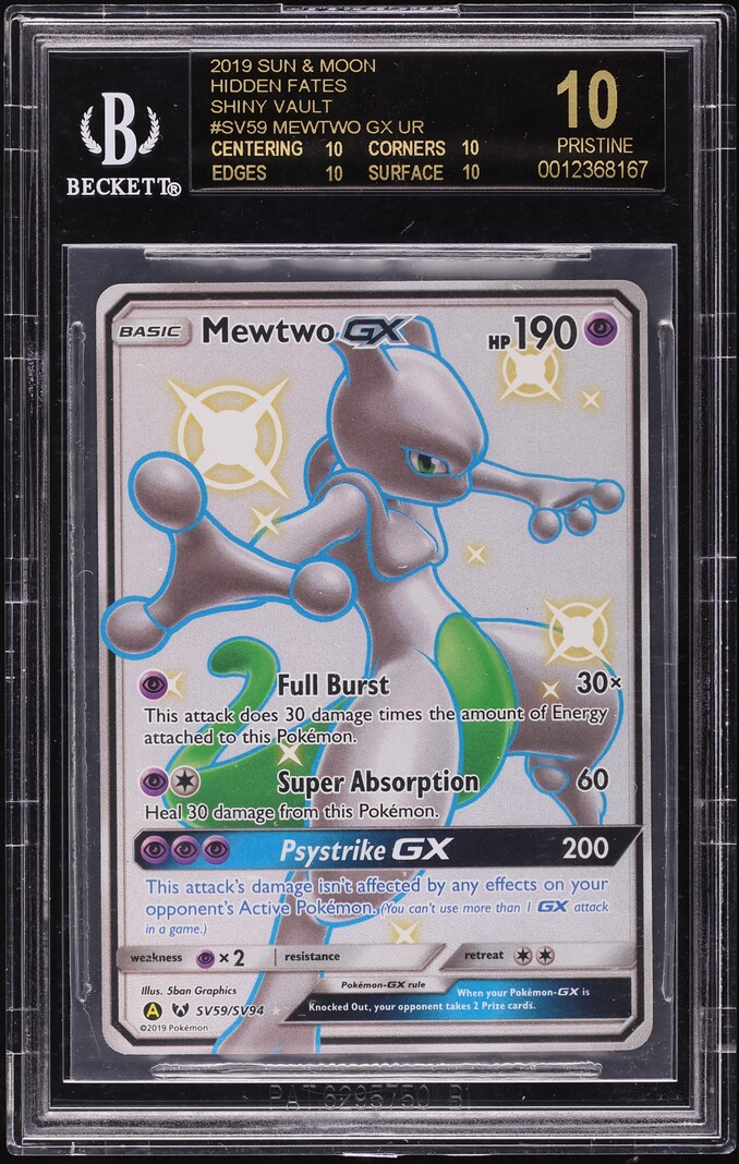 2019 Pokemon Sun & Moon Hidden Fates Shiny Mewtwo GX #SV59 BGS 10 BLACK LABEL