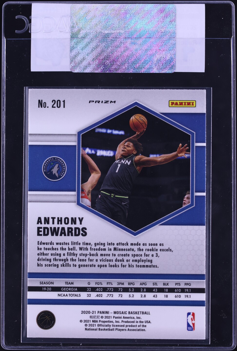 2020 Panini Mosaic Reactive Blue Anthony Edwards ROOKIE #201 CGC AUTH