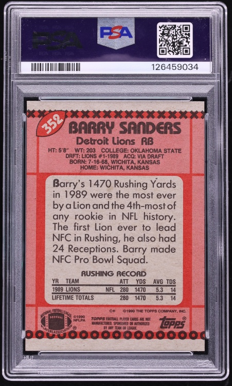 1990 Topps Football Barry Sanders DISCLAIMER BACK #352 PSA 10 GEM MINT