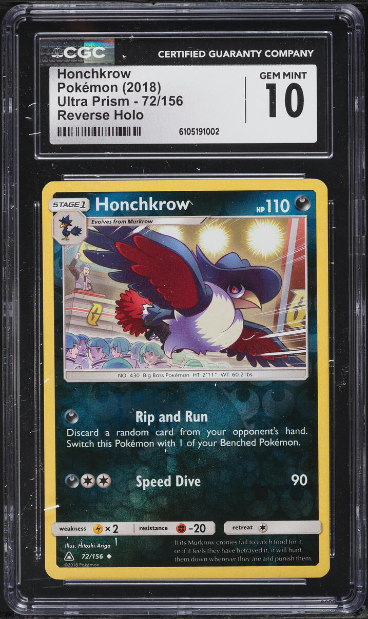 2018 Pokemon Sun & Moon Ultra Prism Reverse Holo Honchkrow #72 CGC 10 GEM MINT