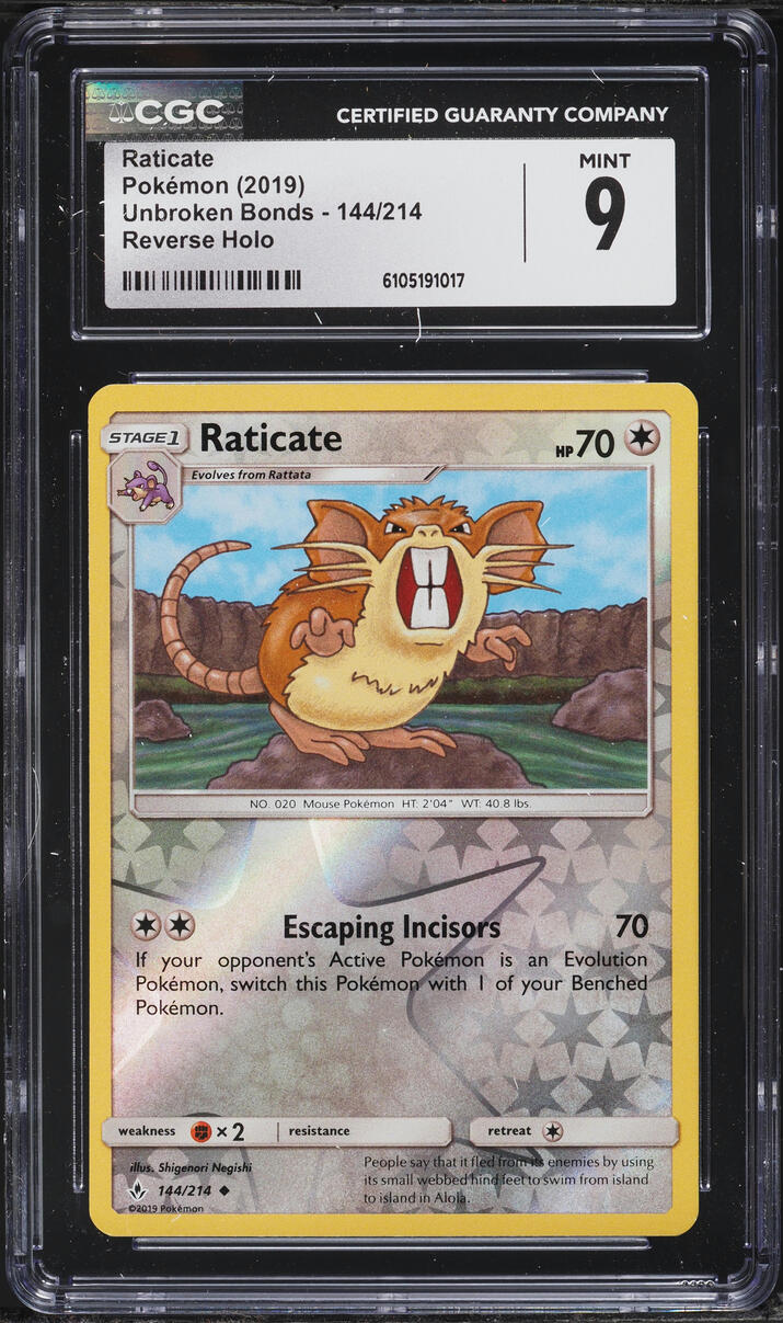 2019 Pokemon Sun & Moon Unbroken Bonds Reverse Holo Raticate #144 CGC 9 MINT