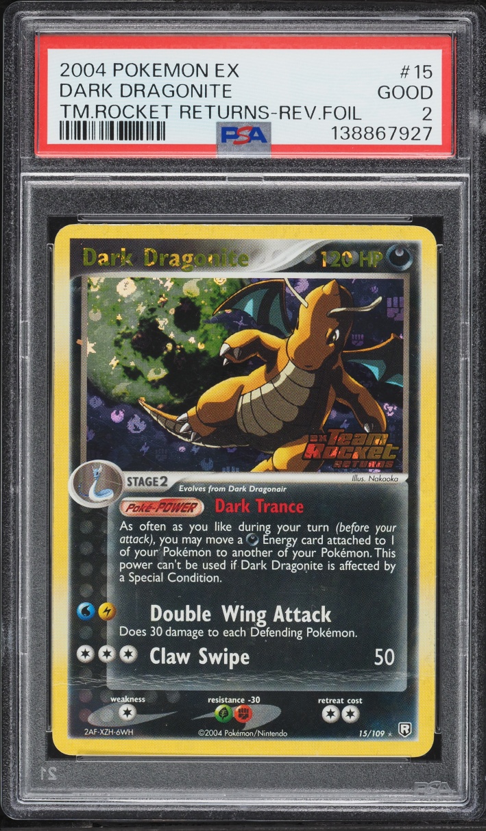 2004 Pokemon EX Team Rocket Returns Reverse Holo Dark Dragonite #15 PSA 2 GD