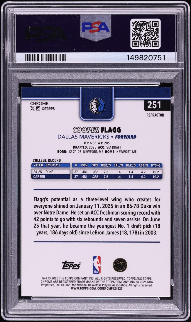 2025 Topps Chrome Refractor Cooper Flagg ROOKIE #251 PSA 10 GEM MINT