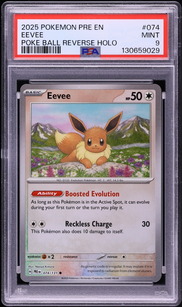 2025 Pokemon Scarlet & Violet Prismatic Evolutions Poke Ball Reverse Holo Eevee #74 PSA 9 MINT