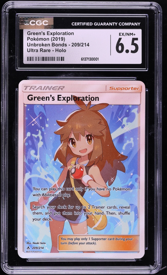 2019 Pokemon Sun & Moon Unbroken Bonds Full Art Green's Exploration #209 CGC 6.5 EXMT+