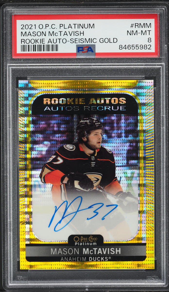 2021 O-Pee-Chee Platinum Seismic Gold Mason McTavish ROOKIE AUTO /25 PSA 8