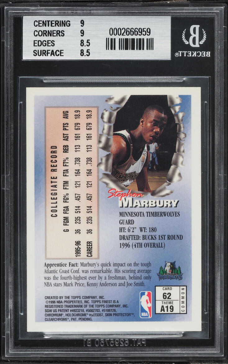 1996 Finest Basketball w/ Coating Stephon Marbury ROOKIE #62 BGS 8.5 NM-MT+