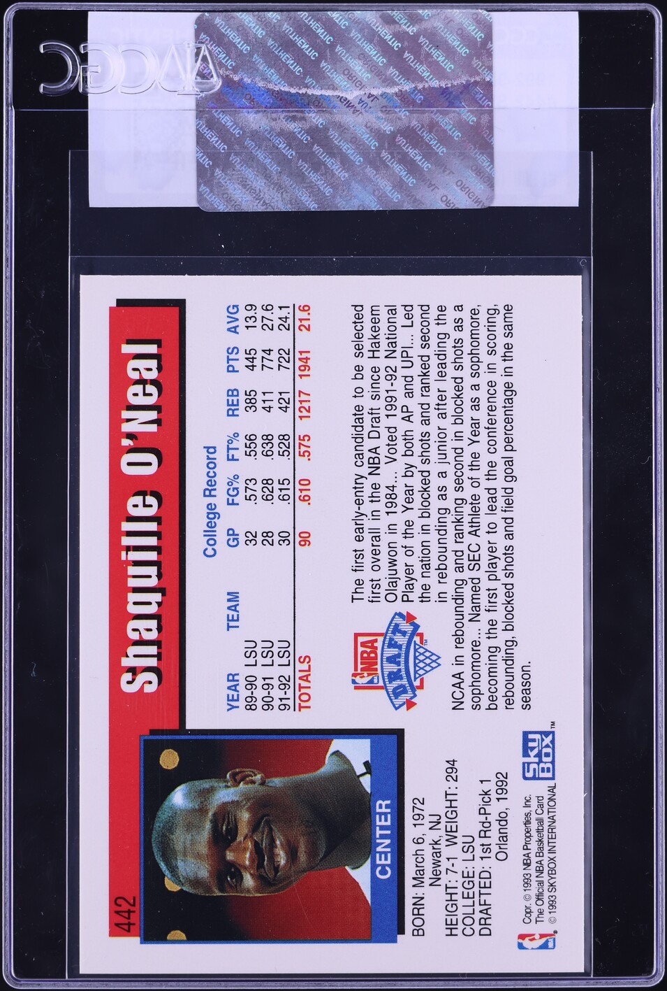 1992 Hoops Shaquille O'Neal ROOKIE #442 CGC AUTH