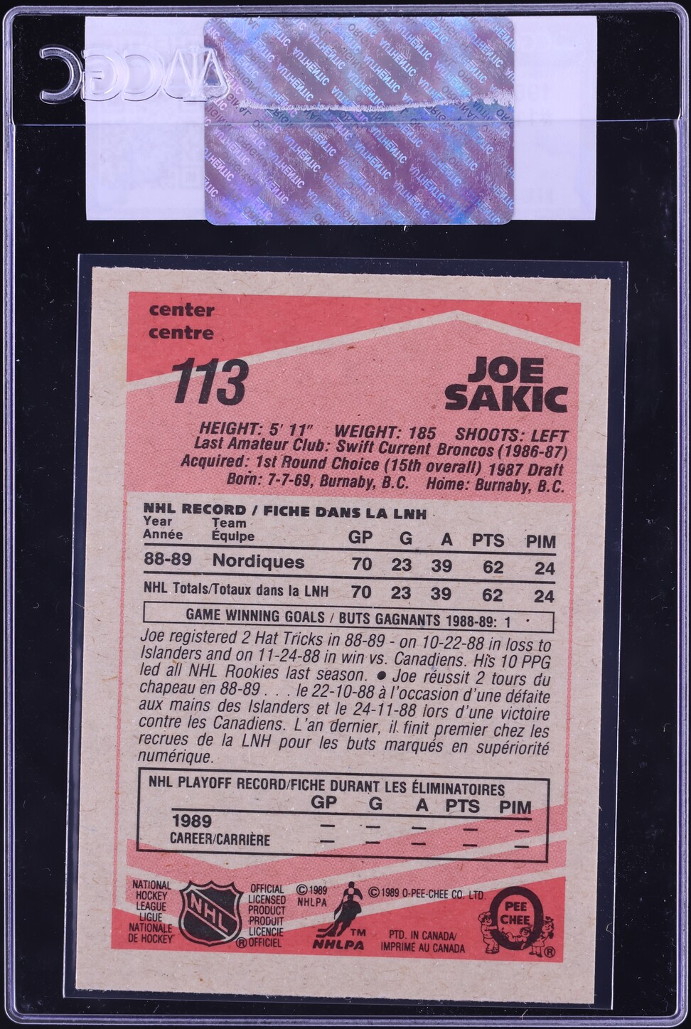 1989 O-Pee-Chee Hockey Joe Sakic ROOKIE #113 CGC AUTH
