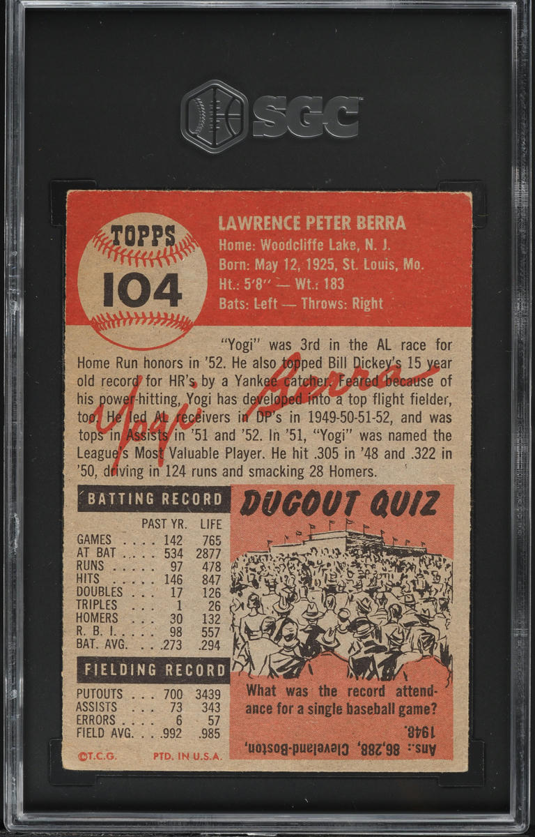 1953 Topps Yogi Berra #104 SGC 4 VGEX