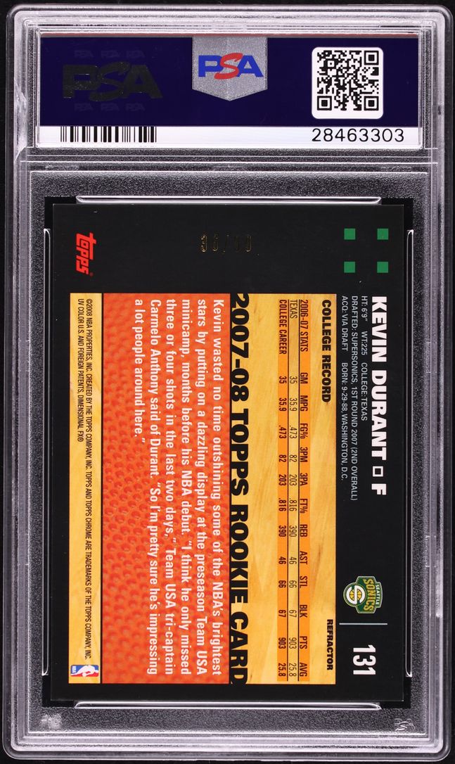 2007 Topps Chrome White Refractor Kevin Durant ROOKIE /99 #131 PSA 10 GEM MINT