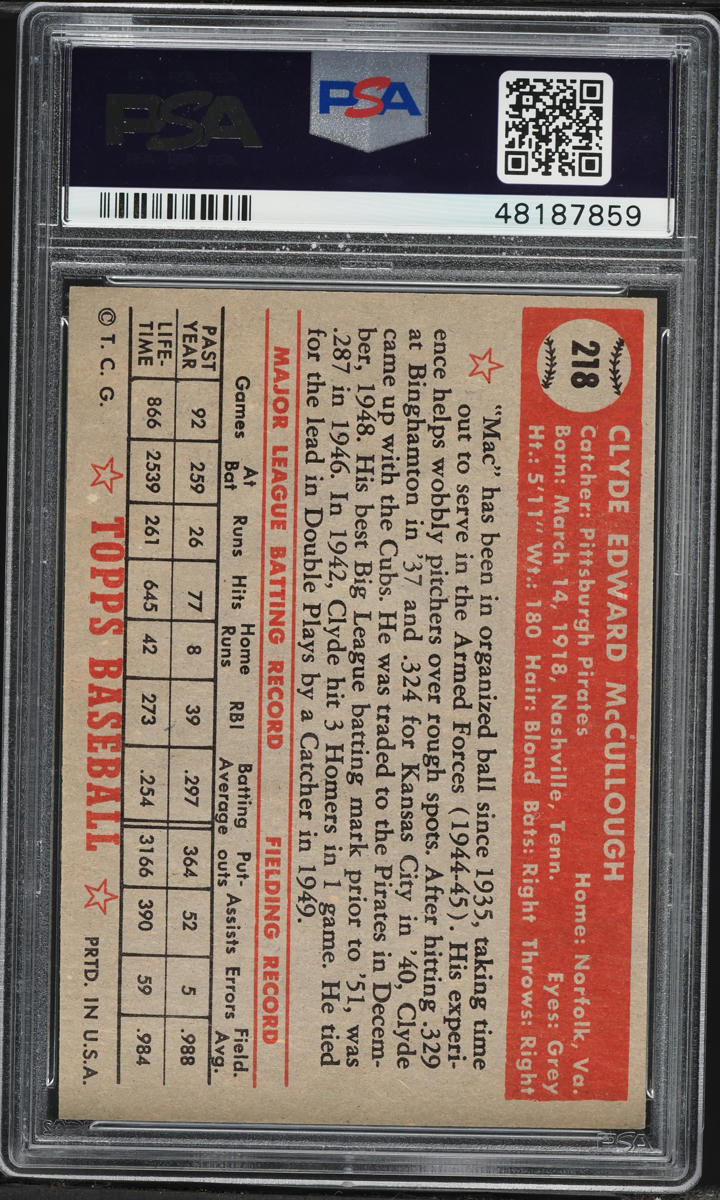 1952 Topps Clyde McCullough #218 PSA 6 EXMT