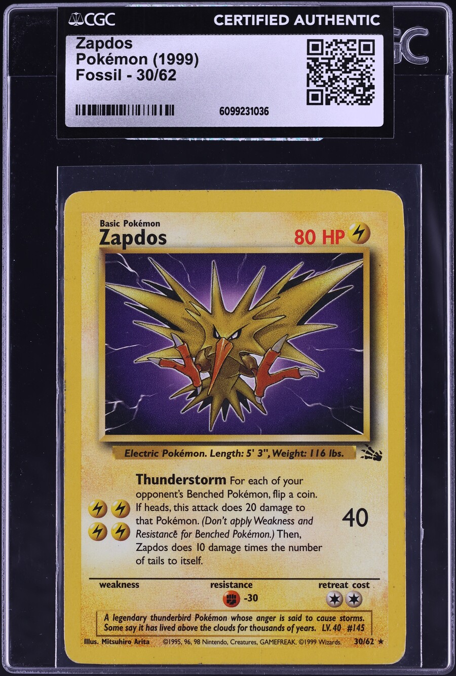 1999 Pokemon Fossil Zapdos #30 CGC AUTH