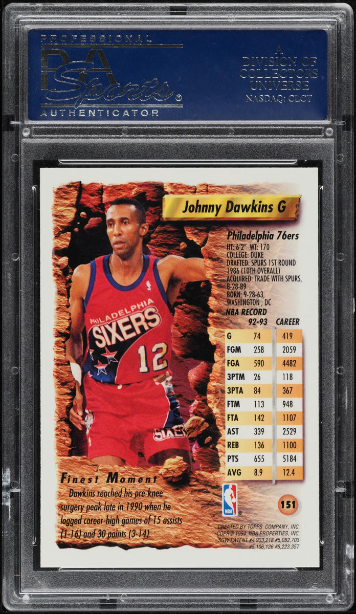 1993 Finest Refractor Johnny Dawkins #151 PSA 10 GEM MINT