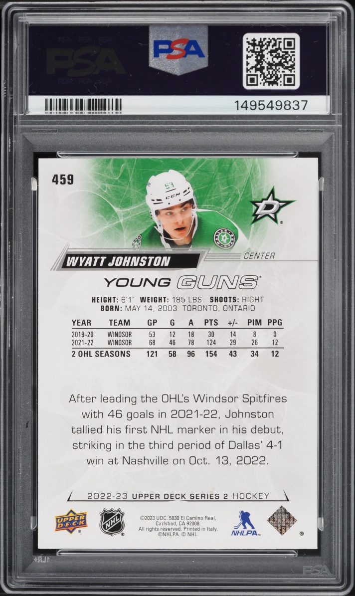 2022 Upper Deck Young Guns Wyatt Johnston ROOKIE #459 PSA 9 MINT