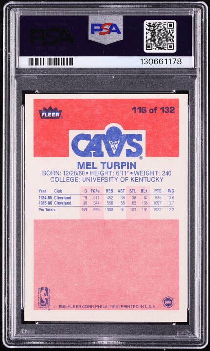 1986 Fleer Basketball Melvin Turpin #116 PSA 8 NM-MT