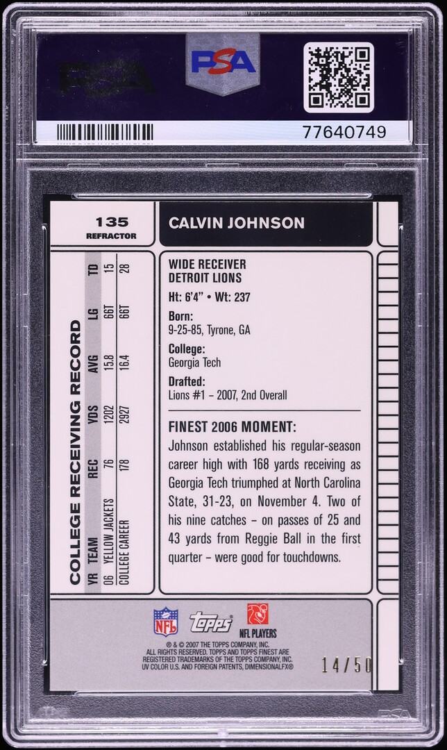 2007 Finest Gold Refractor Calvin Johnson ROOKIE /50 #135 PSA 10 GEM MINT