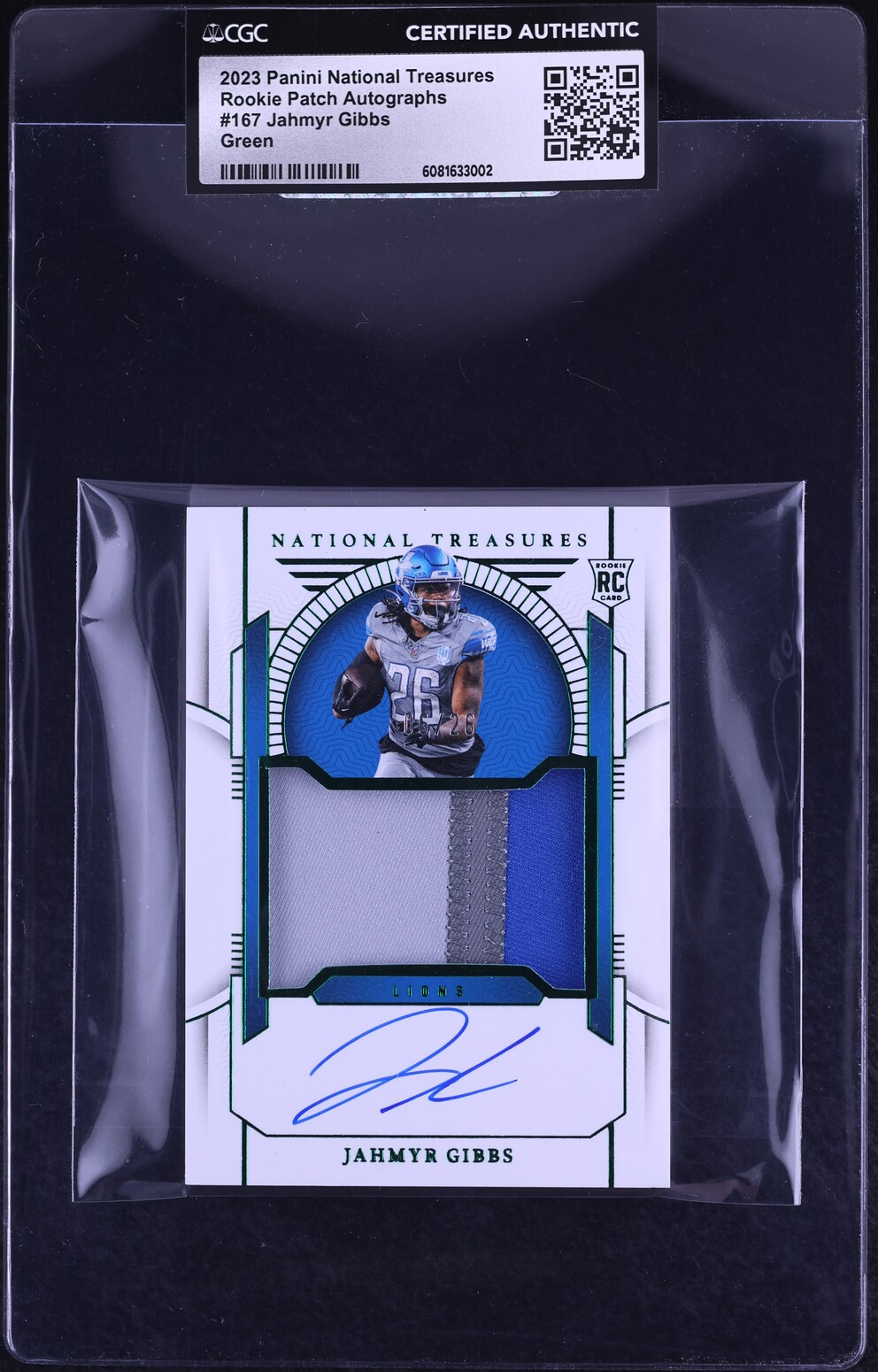 2023 National Treasures Green Jahmyr Gibbs ROOKIE PATCH AUTO /26 #167 CGC AUTH