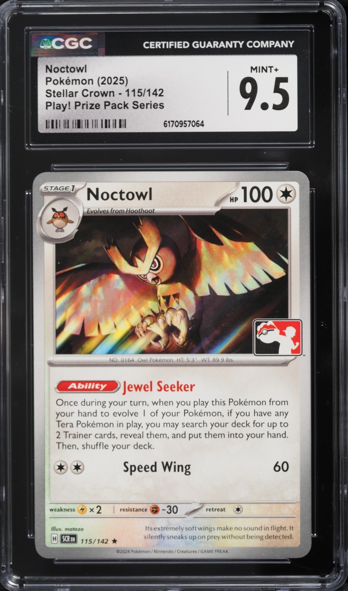 2025 Pokemon Scarlet & Violet Stellar Crown Play! Prize Pack Series Noctowl #115 CGC 9.5 MINT+