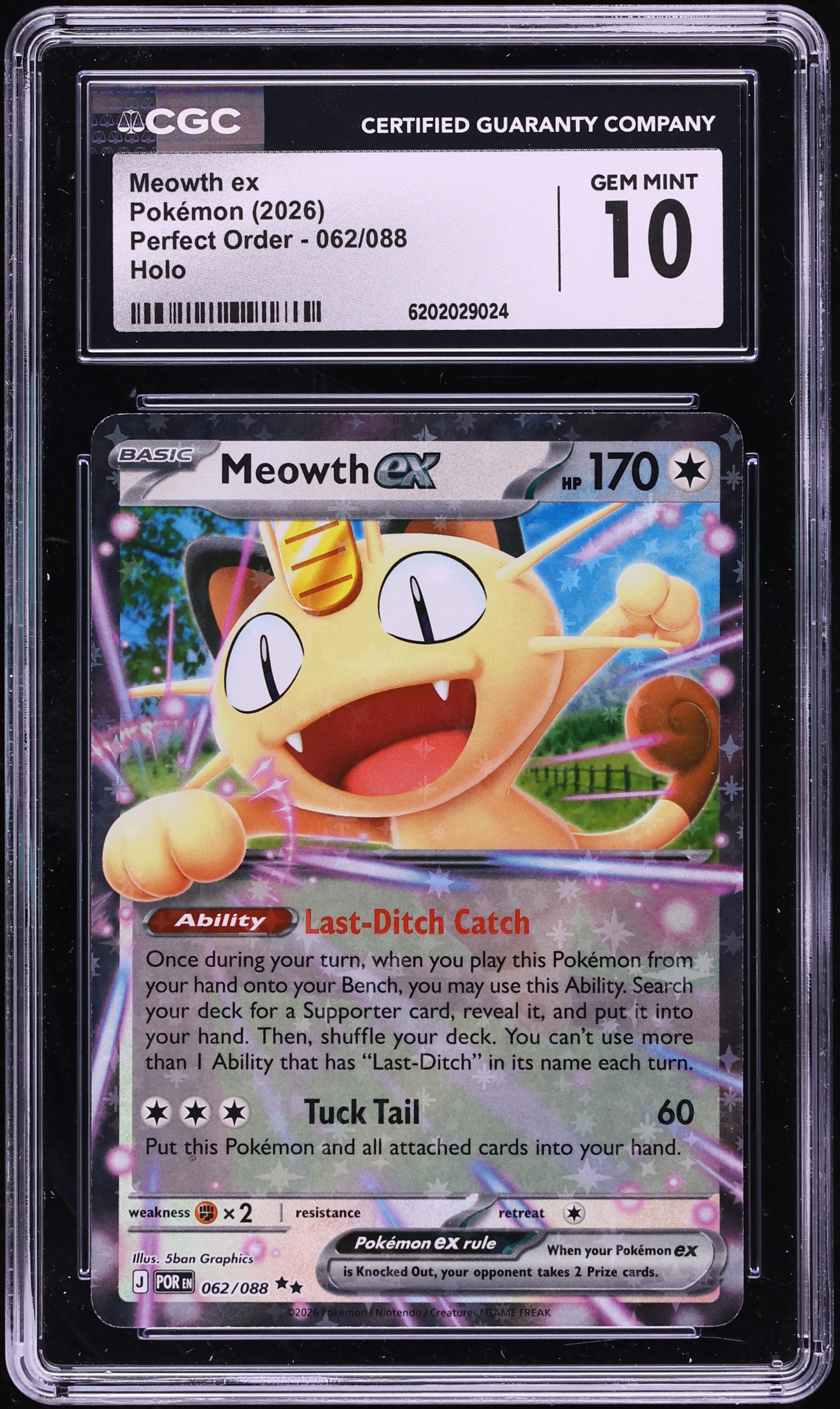 2026 Pokemon Mega Evolution Perfect Order Holo Meowth ex #62 CGC 10 GEM MINT