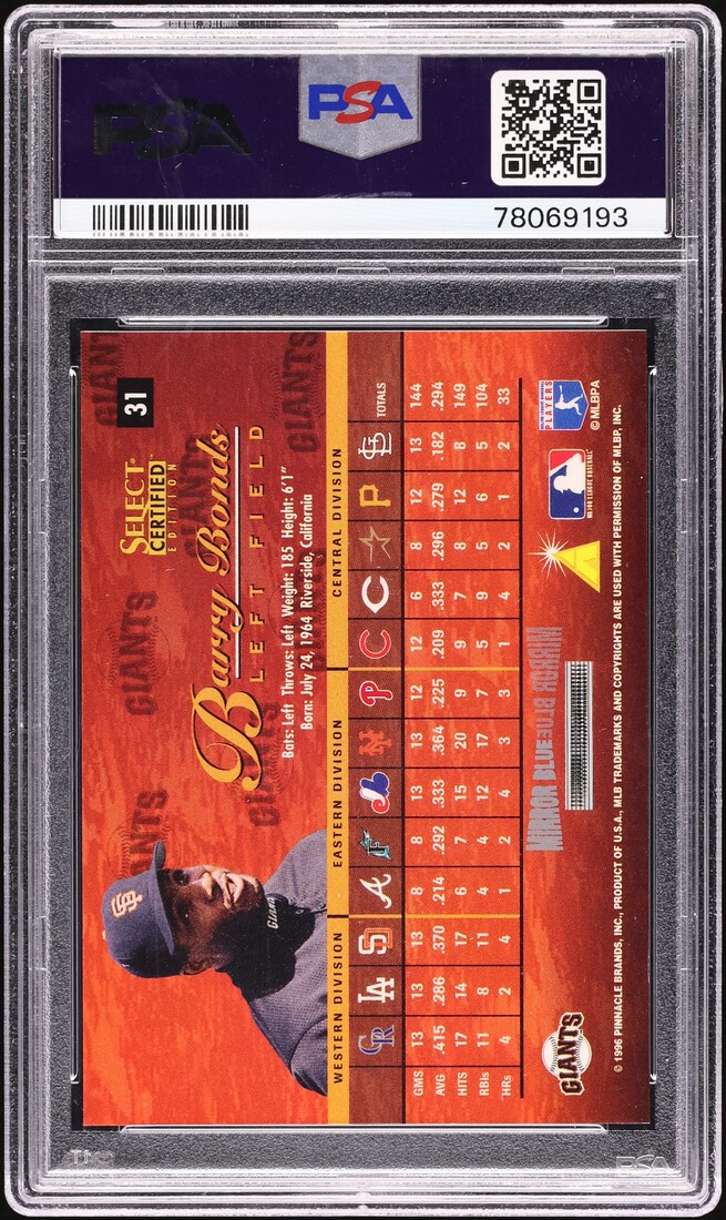 1996 Select Certified Mirror Blue Barry Bonds #31 PSA 10 GEM MINT