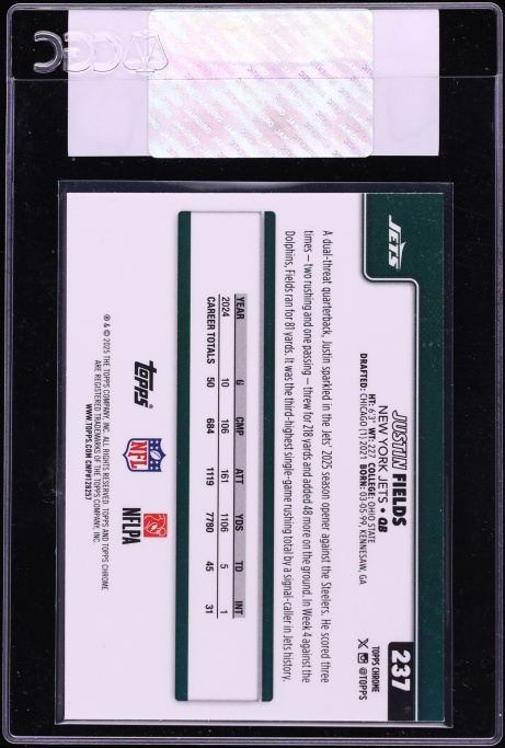 2025 Topps Chrome Blue Refractor Justin Fields /150 #237 CGC AUTH