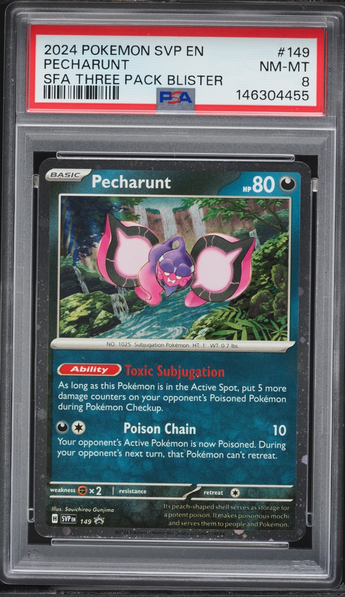 2024 Pokemon SV Black Star Promo Sfa Three Pack Blister Pecharunt #149 PSA 8 NM-MT