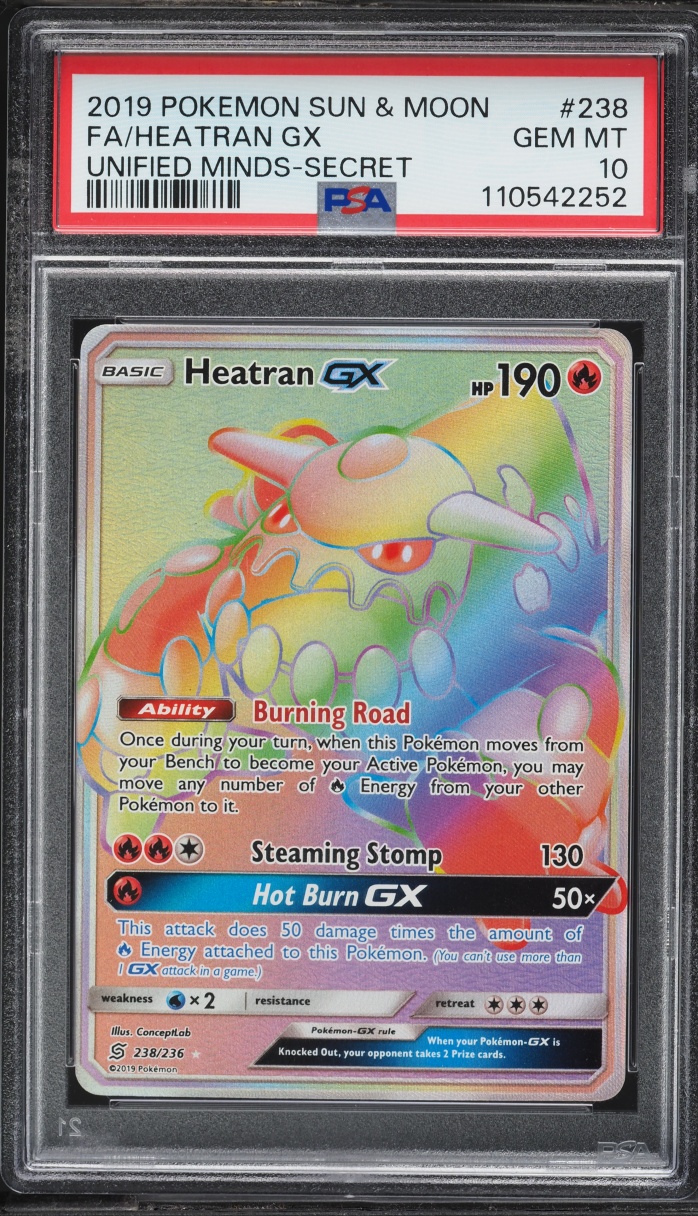 2019 Pokemon Sun & Moon Unified Minds Rainbow Rare Heatran GX #238 PSA 10 GEM MINT