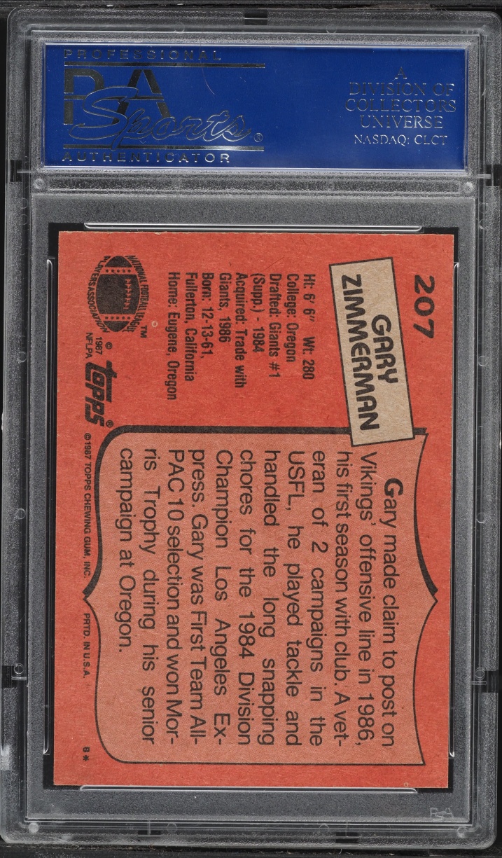 1987 Topps Football Gary Zimmerman ROOKIE #207 PSA 9 MINT
