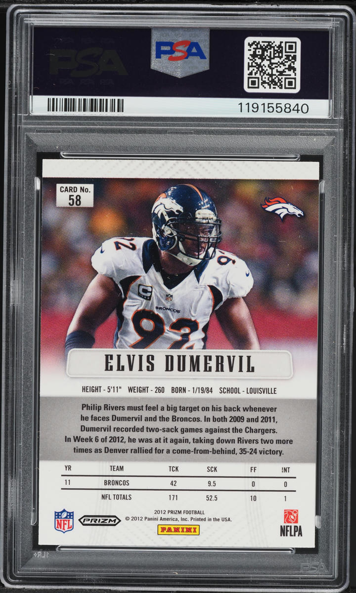 2012 Panini Prizm Green Elvis Dumervil #58 PSA 10 GEM MINT