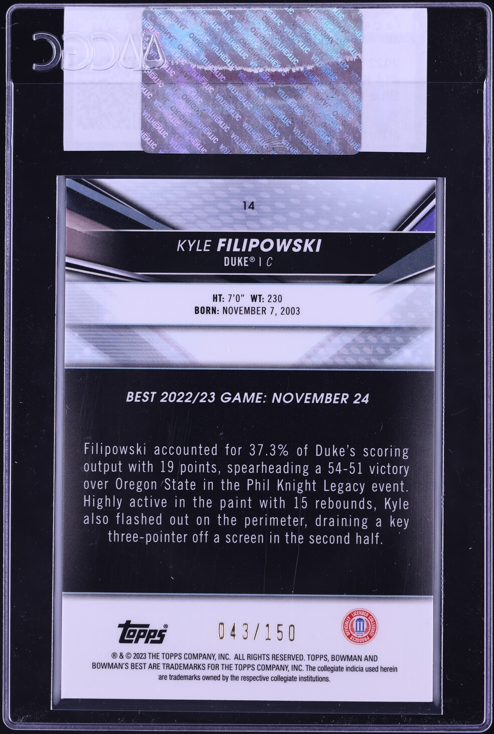 2022 Bowman University Best Blue Refractor Kyle Filipowski ROOKIE /150 #14 CGC AUTH