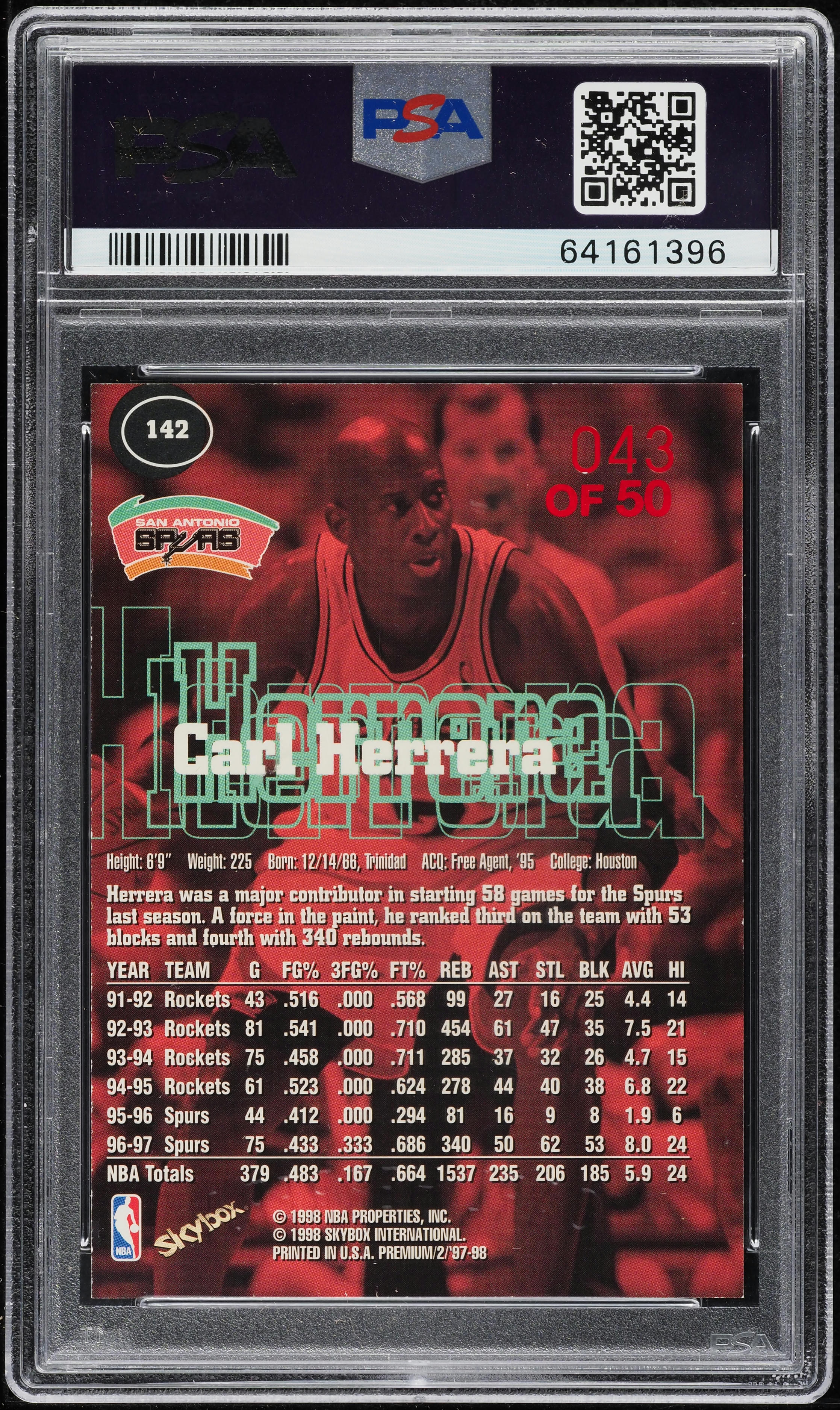 1997 Skybox Premium Star Rubies Carl Herrera /50 #142 PSA 8 NM-MT