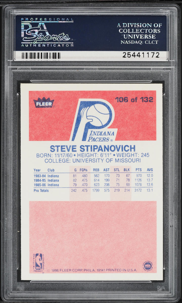 1986 Fleer Basketball Steve Stipanovich ROOKIE #106 PSA 10 GEM MINT