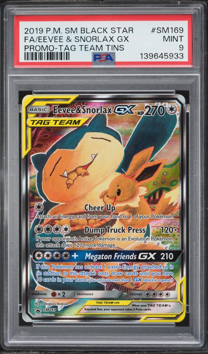 2019 Pokemon Sun & Moon Promo Tag Team Tins Alt Art Eevee & Snorlax GX #SM169 PSA 9 MINT