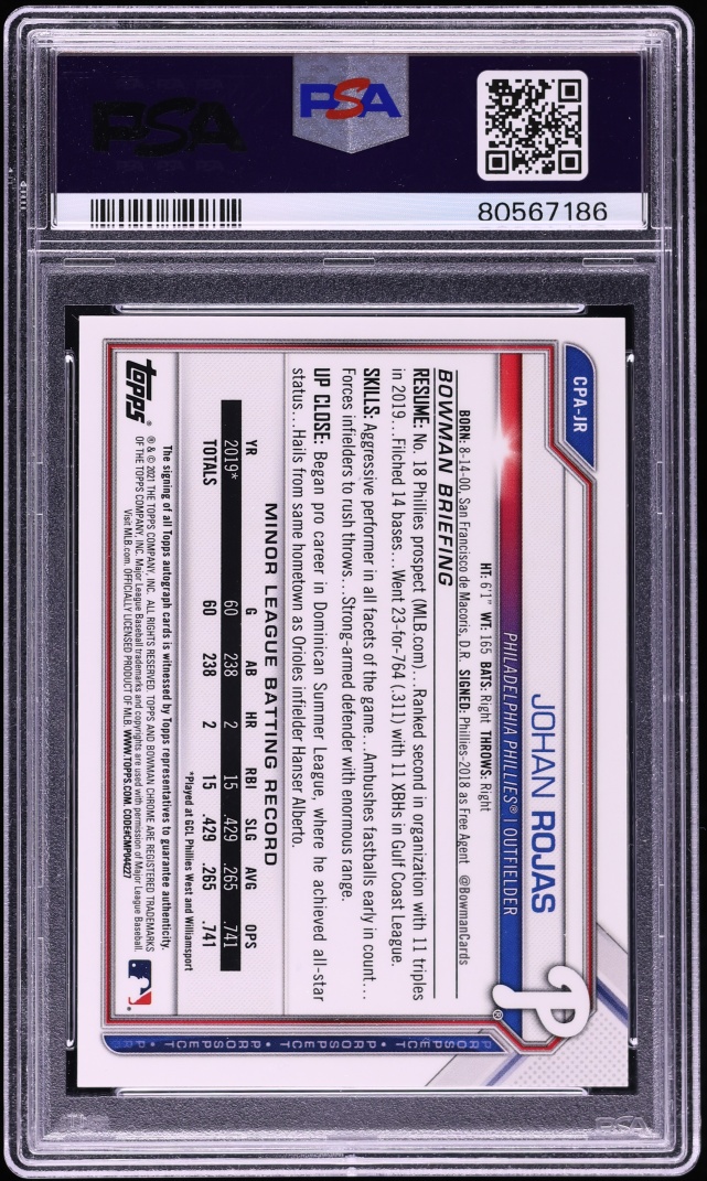 2021 Bowman Chrome Johan Rojas PROSPECT AUTO DNA 10 #CPA-JR PSA 10 GEM MINT