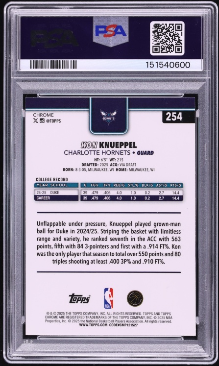 2025 Topps Chrome Yellow Refractor Kon Knueppel ROOKIE /275 #254 PSA 9 MINT