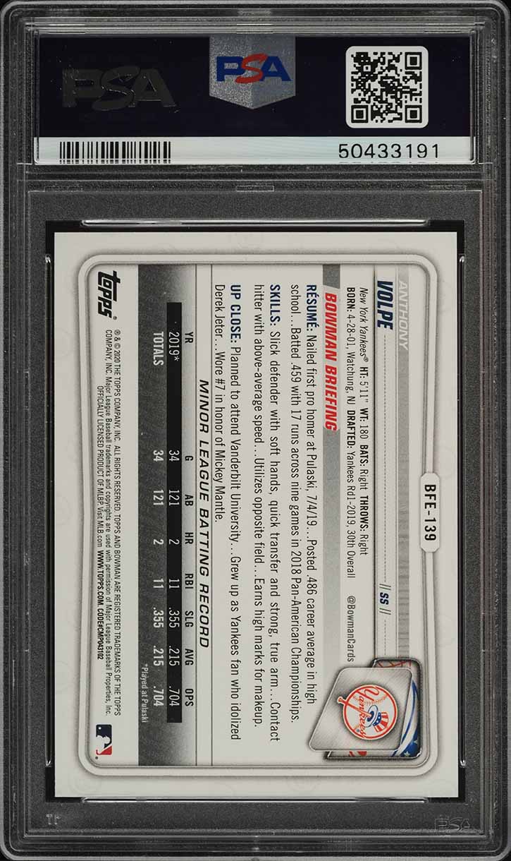 2020 Bowman 1st Edition Anthony Volpe PROSPECT #BFE139 PSA 10 GEM MINT